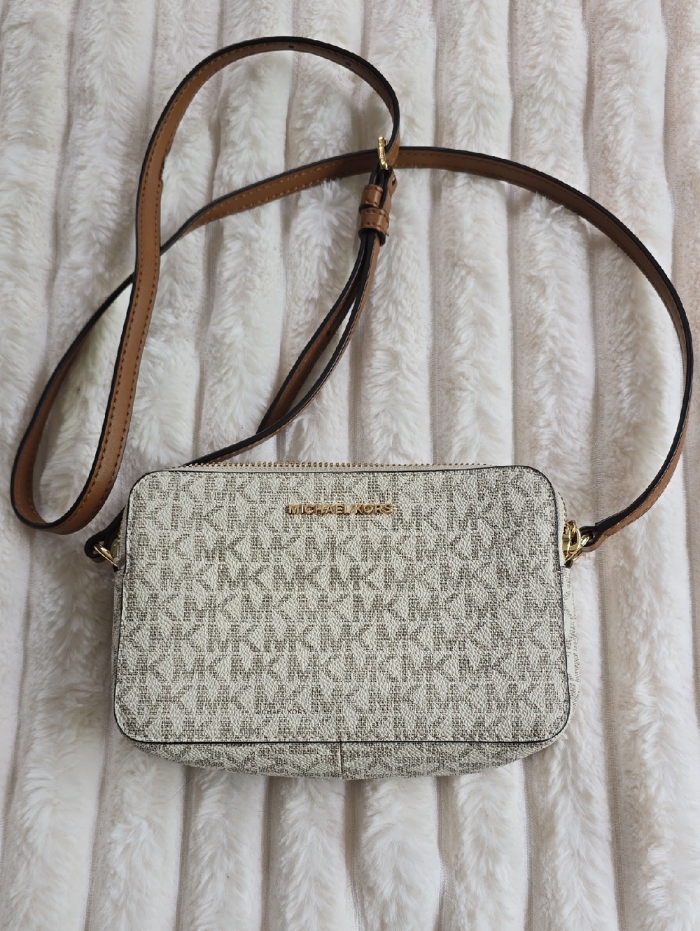 Michael Kors Beige Signature Canvas Crossbody with Brown Strap